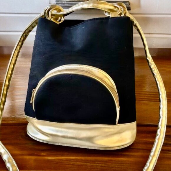 Comeco Vintage Crossbody Bucket Handbag Black Fabric + Gold Faux Leather - Picture 12 of 13